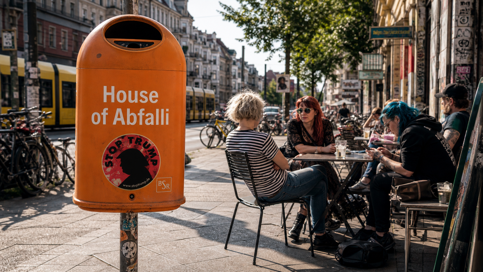Berliner Straßenszene: orange BSR-Mülleimer mit StopTrump-Sticker vor einem Straßencafé